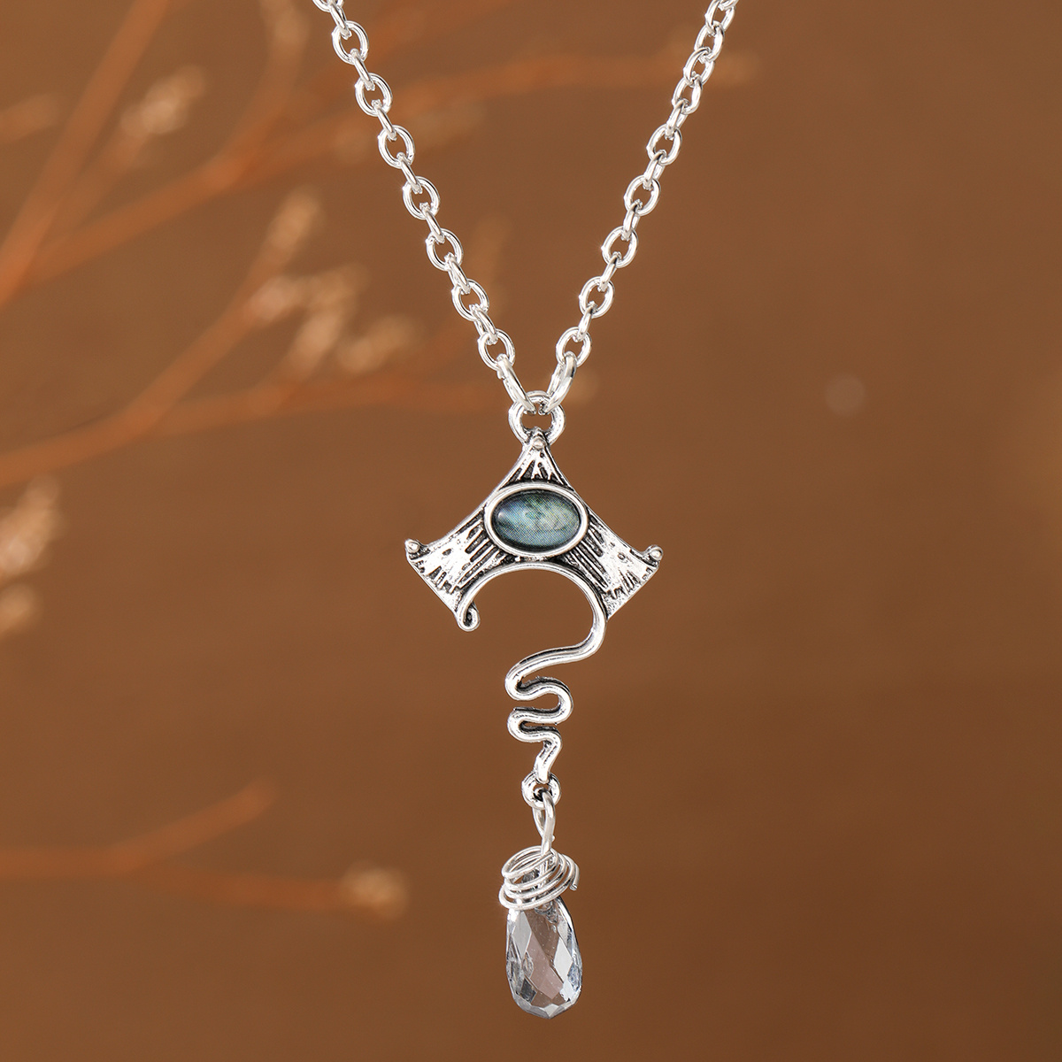 Women's Vintage Distressed Rune Spiral Curve Long Pendant Necklace